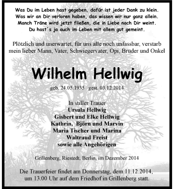 Traueranzeige von Wilhelm Hellwig von Mitteldeutsche Zeitung Sangerhausen
