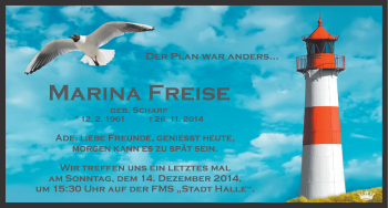 Traueranzeige von Marina Freise von Mitteldeutsche Zeitung Halle/Saalkreis