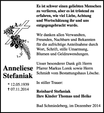 Traueranzeige von Anneliese Stefaniak von Mitteldeutsche Zeitung Wittenberg