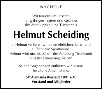 Traueranzeige von Helmut Scheiding von Mitteldeutsche Zeitung Sangerhausen