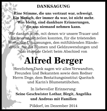 Traueranzeige von Alfred Berger von Mitteldeutsche Zeitung Köthen