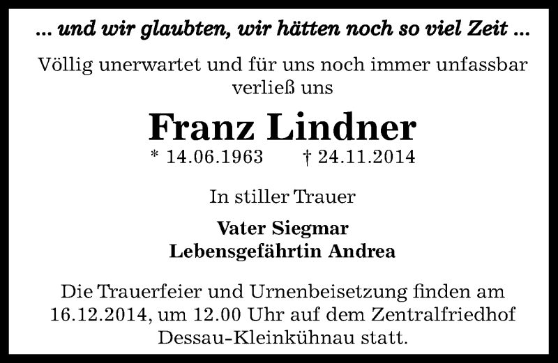 Traueranzeige für Franz Lindner vom 06.12.2014 aus Mitteldeutsche Zeitung Dessau-Roßlau
