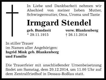 Traueranzeige von Irmgard Stendel von Mitteldeutsche Zeitung Dessau-Roßlau