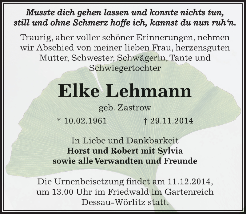  Traueranzeige für Elke Lehmann vom 06.12.2014 aus Mitteldeutsche Zeitung Wittenberg