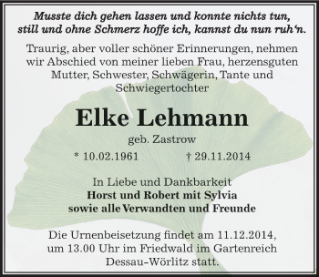 Traueranzeige von Elke Lehmann von Mitteldeutsche Zeitung Wittenberg