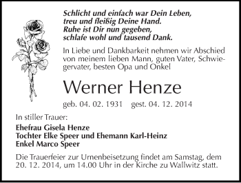 Traueranzeige von Werner Henze von Mitteldeutsche Zeitung Halle/Saalkreis