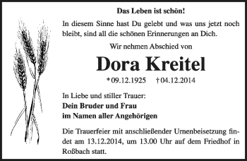 Traueranzeige von Dora Kreitel von Mitteldeutsche Zeitung Weißenfels