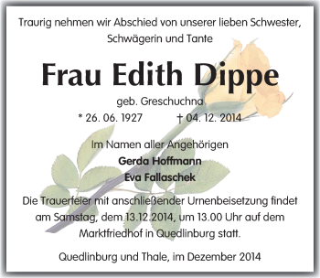 Traueranzeige von Frau Edith Dippe von Mitteldeutsche Zeitung Quedlinburg
