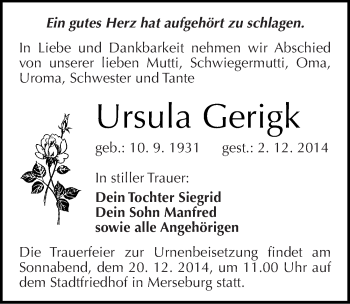 Traueranzeige von Ursula Gerigk von Mitteldeutsche Zeitung Merseburg/Querfurt
