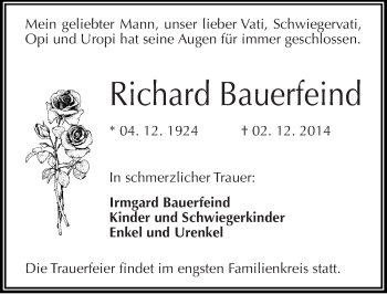 Traueranzeige von Richard Bauerfeind von Mitteldeutsche Zeitung Halle/Saalkreis