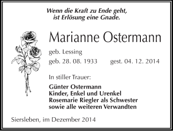 Traueranzeige von Marianne Ostermann von Mitteldeutsche Zeitung Mansfelder Land