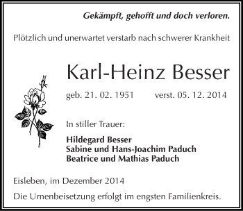 Traueranzeige von Karl-Heinz Besser von Mitteldeutsche Zeitung Mansfelder Land