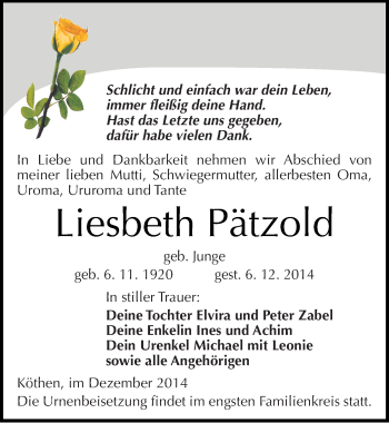 Traueranzeige von Liesbeth Pätzold von Mitteldeutsche Zeitung Köthen