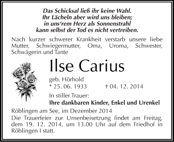 Traueranzeige von Ilse Carius von Mitteldeutsche Zeitung Mansfelder Land