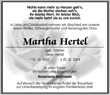 Traueranzeige von Martha Hertel von Mitteldeutsche Zeitung Mansfelder Land