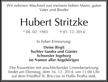 Traueranzeige von Hubert Stritzke von Mitteldeutsche Zeitung Halle/Saalkreis