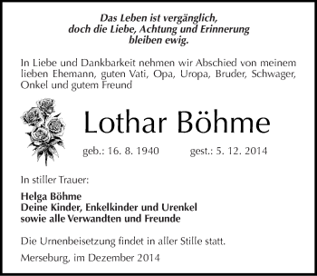 Traueranzeige von Lothar Böhme von Mitteldeutsche Zeitung Merseburg/Querfurt