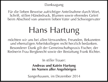 Traueranzeige von Hans Hartung von Mitteldeutsche Zeitung Sangerhausen