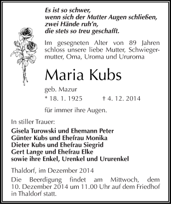 Traueranzeige von Maria Kubs von Mitteldeutsche Zeitung Mansfelder Land