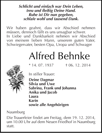 Traueranzeige von Alfred Behnke von Mitteldeutsche Zeitung Naumburg/Nebra