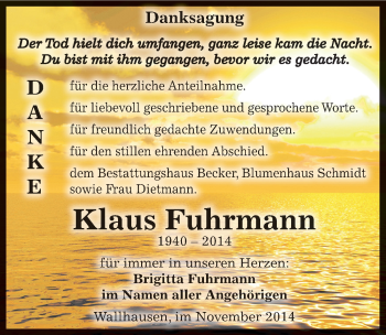Traueranzeige von Klaus Fuhrmann von Mitteldeutsche Zeitung Sangerhausen