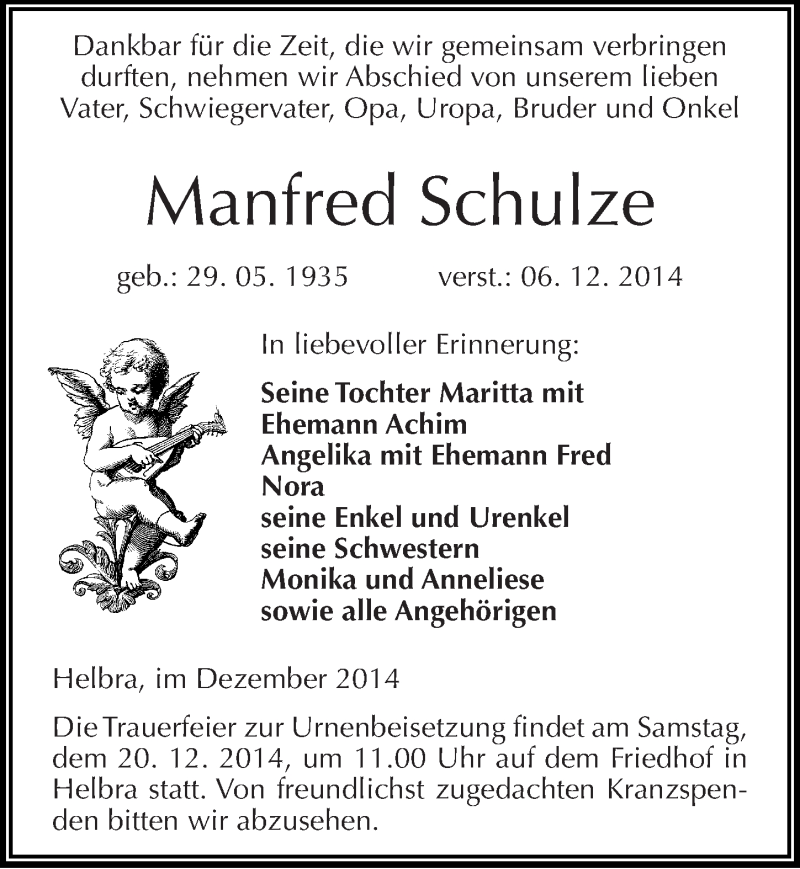  Traueranzeige für Manfred Schulze vom 13.12.2014 aus Mitteldeutsche Zeitung Mansfelder Land