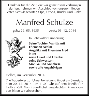 Traueranzeige von Manfred Schulze von Mitteldeutsche Zeitung Mansfelder Land