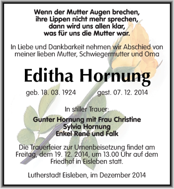 Traueranzeige von Editha Hornung von Mitteldeutsche Zeitung Mansfelder Land