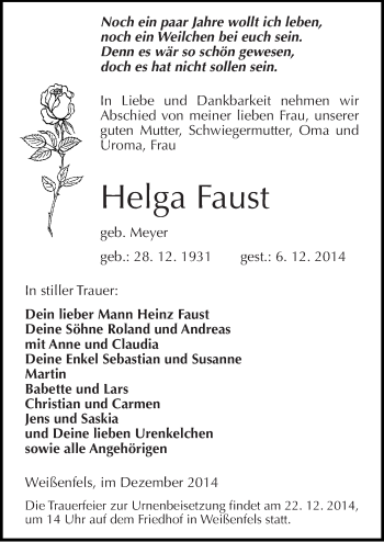 Traueranzeige von Helga Faust von Mitteldeutsche Zeitung Weißenfels