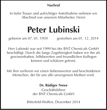 Traueranzeige von Peter Lubinski von Mitteldeutsche Zeitung Bitterfeld