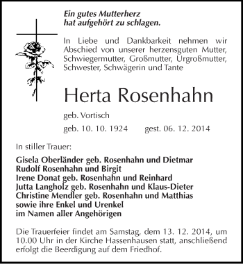 Traueranzeige von Herta Rosenhahn von Mitteldeutsche Zeitung Naumburg/Nebra