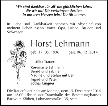 Traueranzeige von Horst Lehmann von Mitteldeutsche Zeitung Köthen