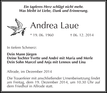 Traueranzeige von Andrea Laue von Mitteldeutsche Zeitung Quedlinburg
