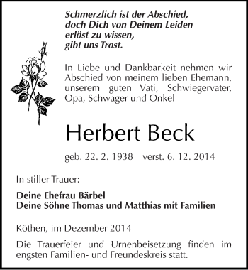 Traueranzeige von Herbert Beck von Mitteldeutsche Zeitung Köthen