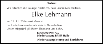 Traueranzeige von Elke Lehmann von Mitteldeutsche Zeitung Wittenberg