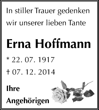 Traueranzeige von Erna Hoffmann von Mitteldeutsche Zeitung Quedlinburg