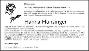 Traueranzeige von Hanna Hunsinger von Mitteldeutsche Zeitung Mansfelder Land
