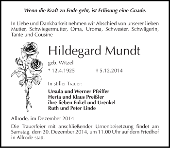 Traueranzeige von Hildegard Mundt von Mitteldeutsche Zeitung Quedlinburg