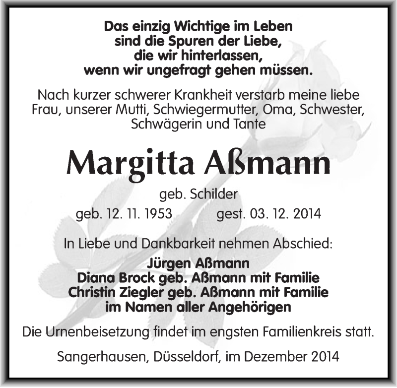  Traueranzeige für Margitta Aßmann vom 10.12.2014 aus Mitteldeutsche Zeitung Sangerhausen