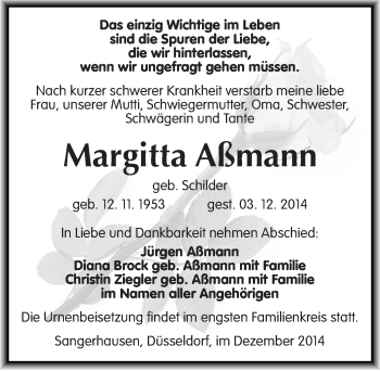 Traueranzeige von Margitta Aßmann von Mitteldeutsche Zeitung Sangerhausen
