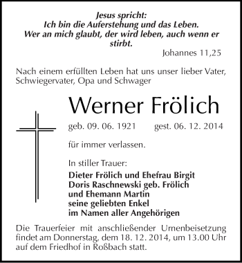 Traueranzeige von Werner Frölich von Mitteldeutsche Zeitung Naumburg/Nebra