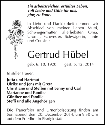 Traueranzeige von Gertrud Hübel von Mitteldeutsche Zeitung Köthen