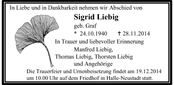 Traueranzeige von Sigrid Liebig von Mitteldeutsche Zeitung Halle/Saalkreis