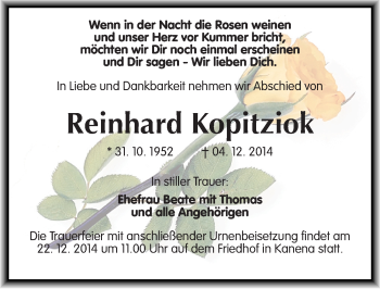 Traueranzeige von Reinhard Kopitziok von Mitteldeutsche Zeitung Halle/Saalkreis