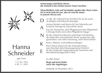 Traueranzeige von Hanna Schneider von Mitteldeutsche Zeitung Mansfelder Land