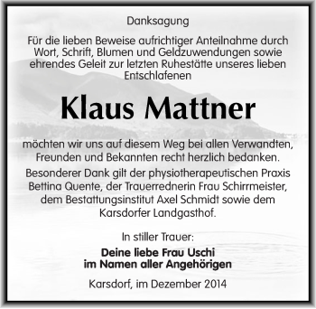 Traueranzeige von Klaus Mattner von Mitteldeutsche Zeitung Naumburg/Nebra