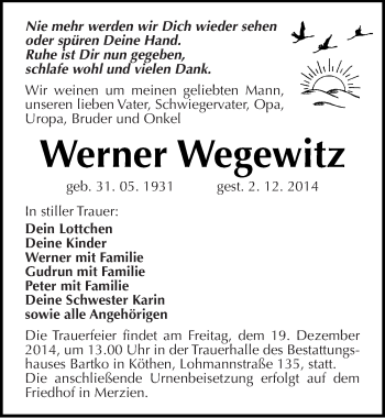 Traueranzeige von Werner Wegewitz von Mitteldeutsche Zeitung Köthen