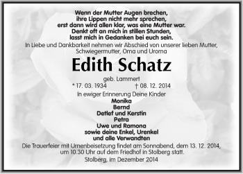 Traueranzeige von Edith Schatz von Mitteldeutsche Zeitung Sangerhausen
