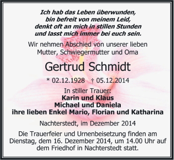 Traueranzeige von Gertrud Schmidt von Mitteldeutsche Zeitung Aschersleben