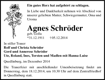 Traueranzeige von Agnes Schröder von Mitteldeutsche Zeitung Quedlinburg